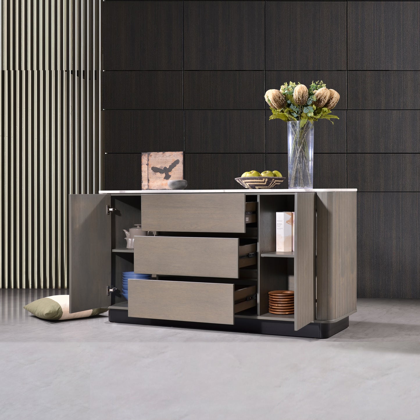 Criterion Eucla Buffet, Side Board 1600mm Semi-Assembled, 20mm Laminated Marble Top, Wood Plinth. KSK Slate Wood Veneer