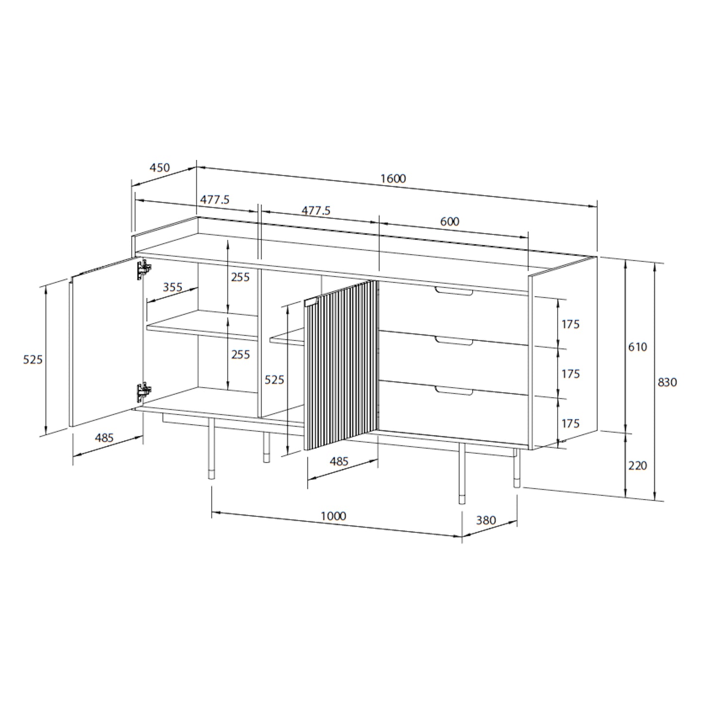 Criterion Bremer Buffet, Side Board 1600mm Semi-Assembled, KSK Grey Wood Veneer