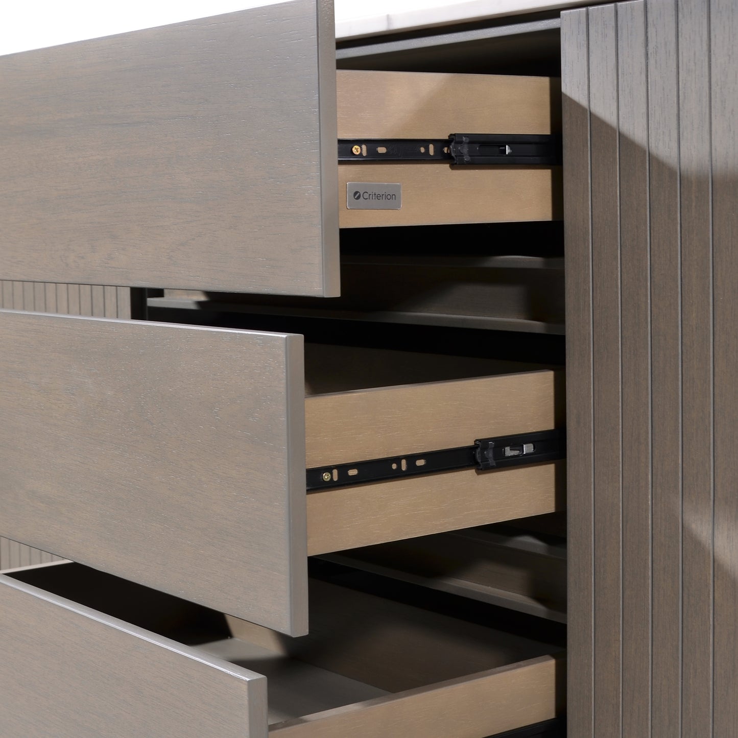 Criterion Eucla Buffet, Side Board 1600mm Semi-Assembled, 20mm Laminated Marble Top, Wood Plinth. KSK Slate Wood Veneer