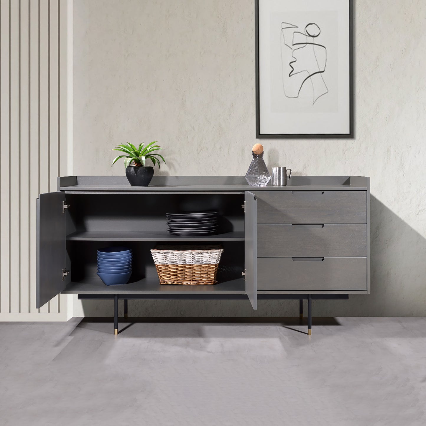 Criterion Bremer Buffet, Side Board 1600mm Semi-Assembled, KSK Grey Wood Veneer