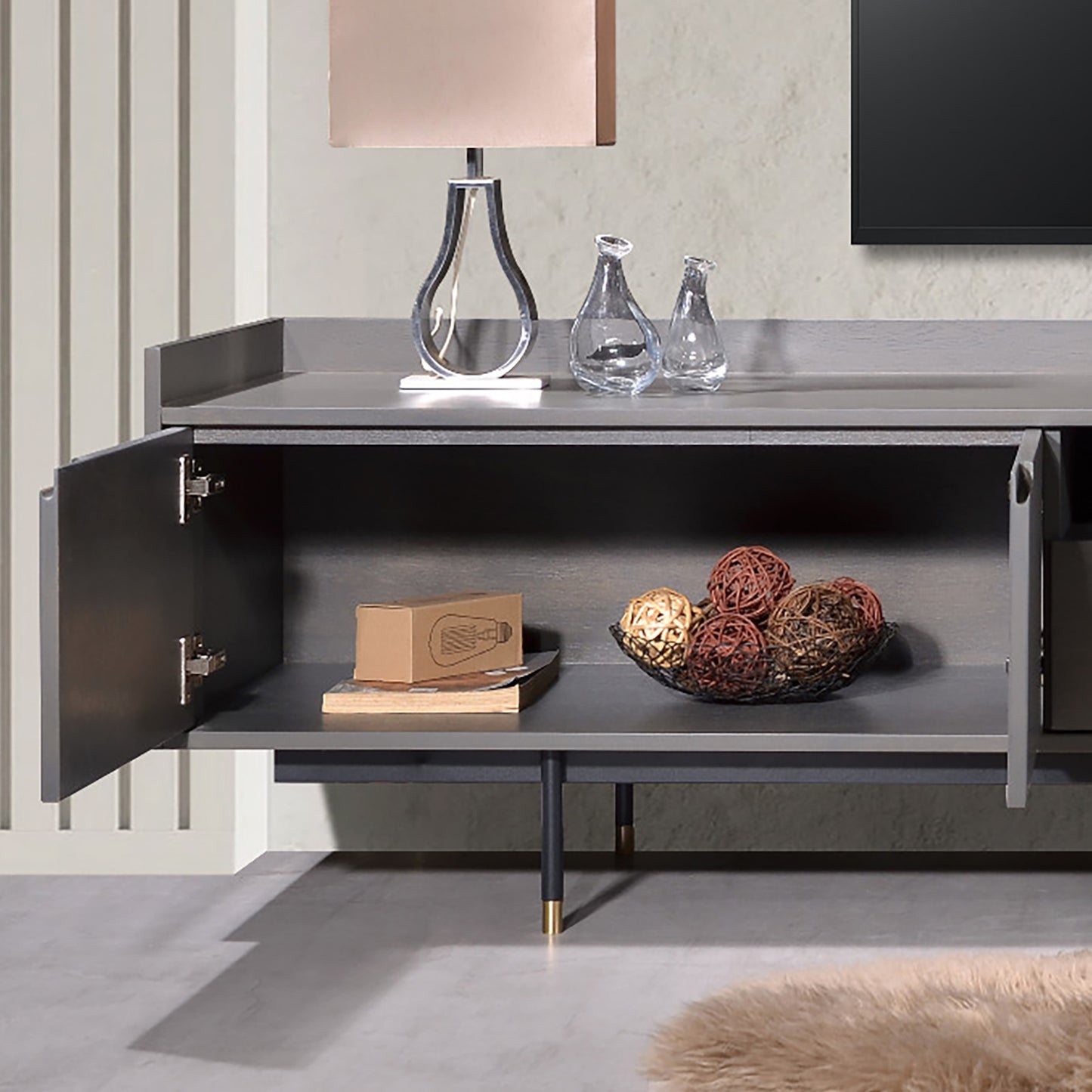 Criterion Bremer Entertainment Unit, TV Cabinet 2000mm Semi-Assembled, KSK Grey Wood Veneer
