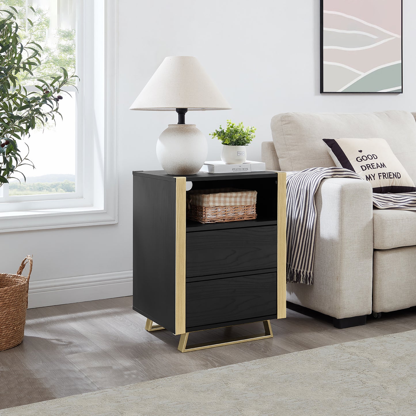 Criterion Capri Bed Side Table, End Table 400mm Black Oak Gold