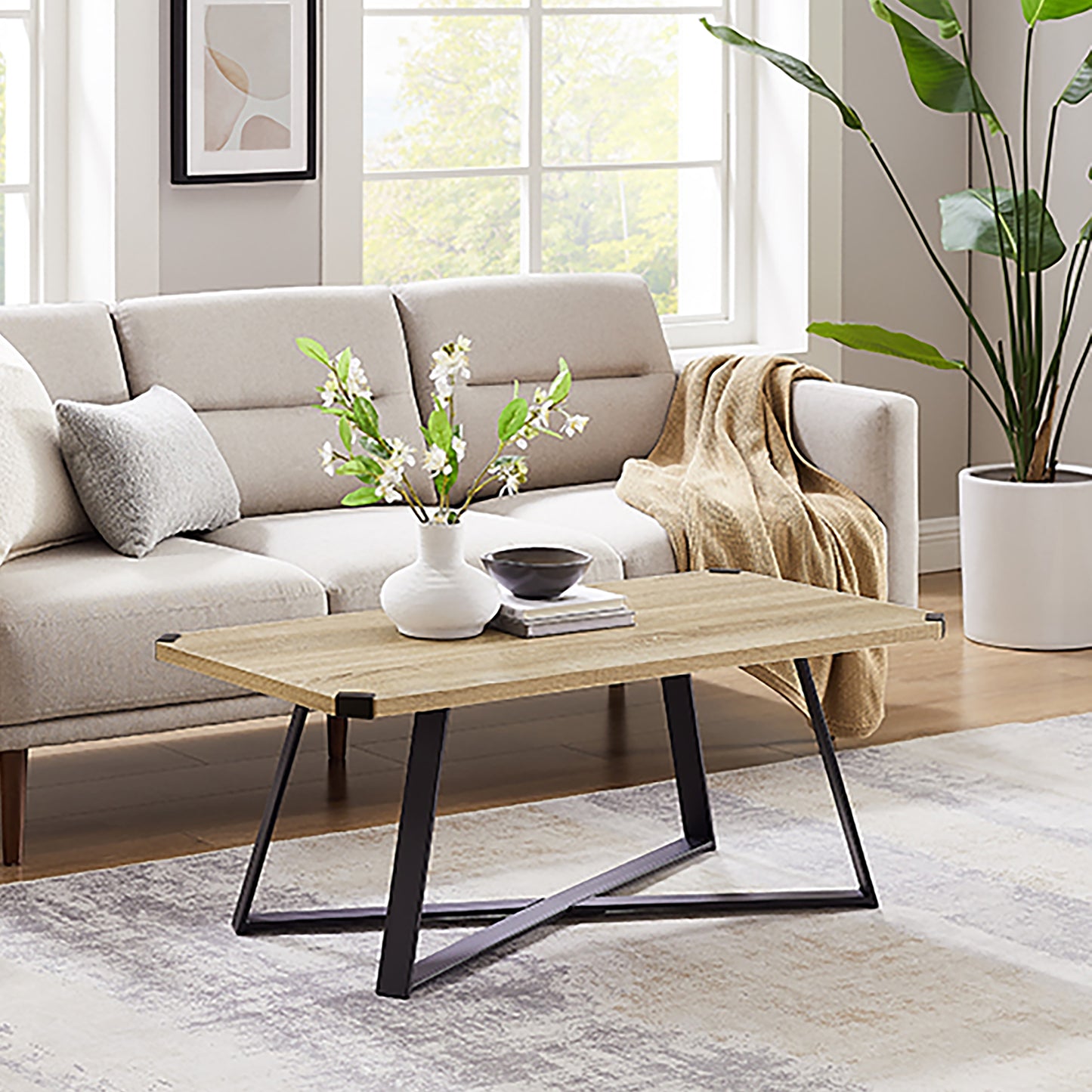 Criterion Capri Coffee Table 1100mm Rectangular Table, Black Metal Leg and Metal Highlights Oak