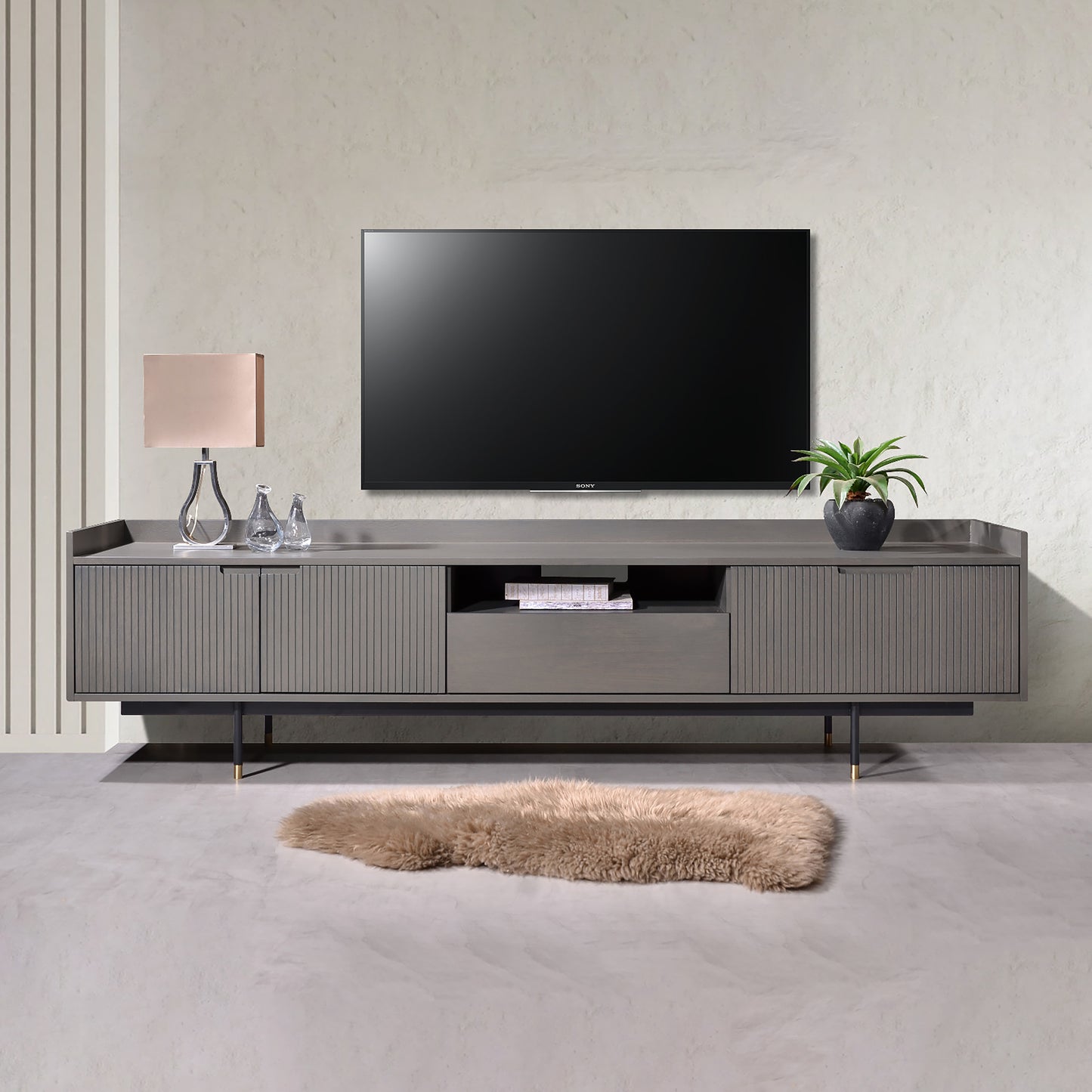 Criterion Bremer Entertainment Unit, TV Cabinet 2000mm Semi-Assembled, KSK Grey Wood Veneer