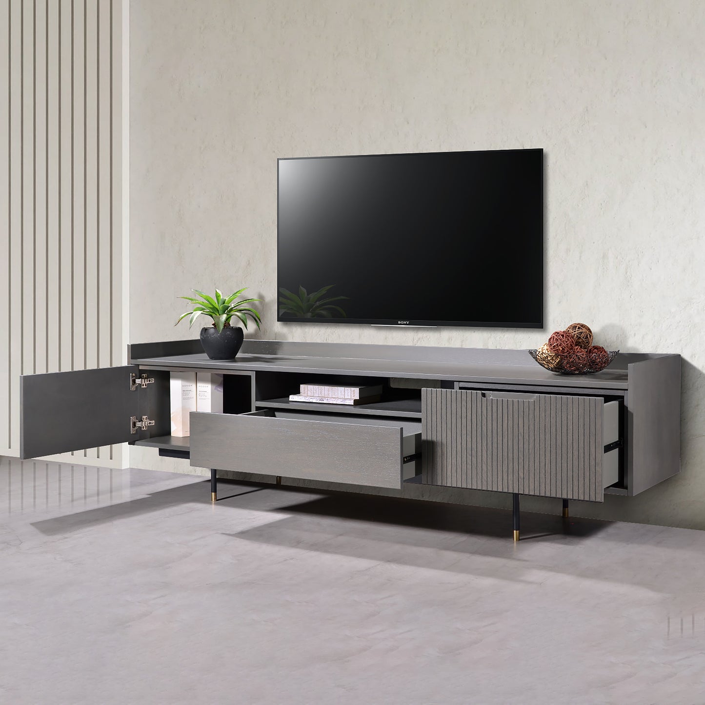 Criterion Bremer Entertainment Unit, TV Cabinet 1800mm Semi-Assembled, KSK Grey Wood Veneer
