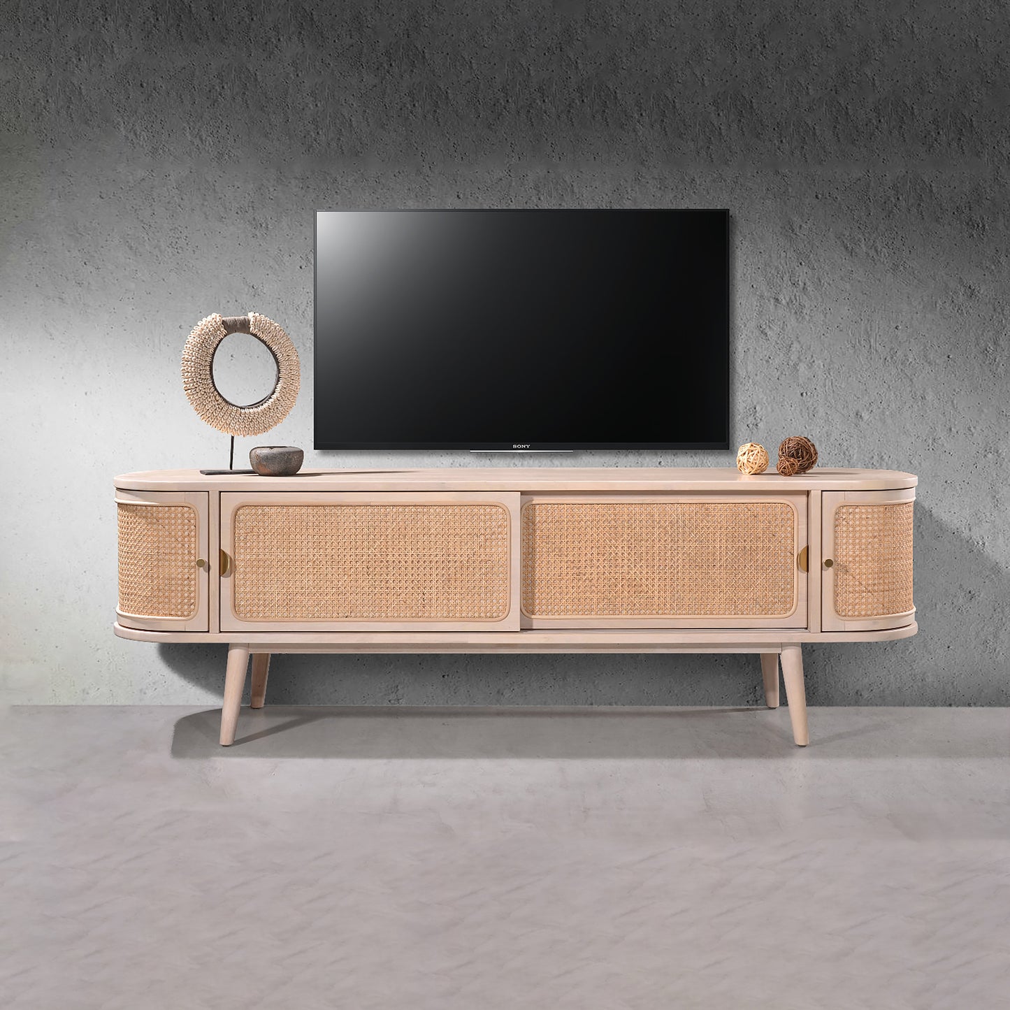 Criterion Jurien Entertainment Unit, TV Cabinet 1800mm Semi-Assembled, Solid Rubber Wood Construction Rattan and White Chocolate
