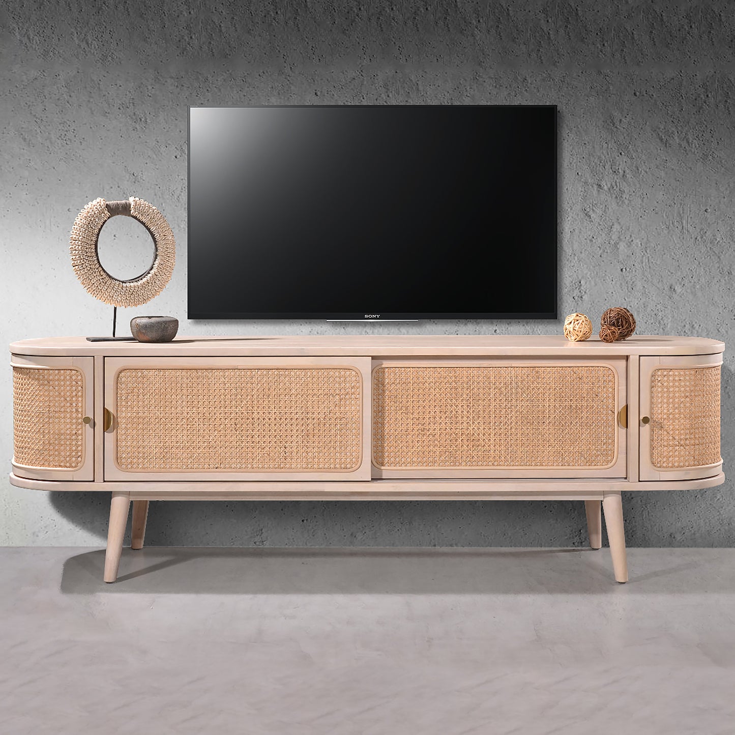 Criterion Jurien Entertainment Unit, TV Cabinet 1800mm Semi-Assembled, Solid Rubber Wood Construction Rattan and White Chocolate
