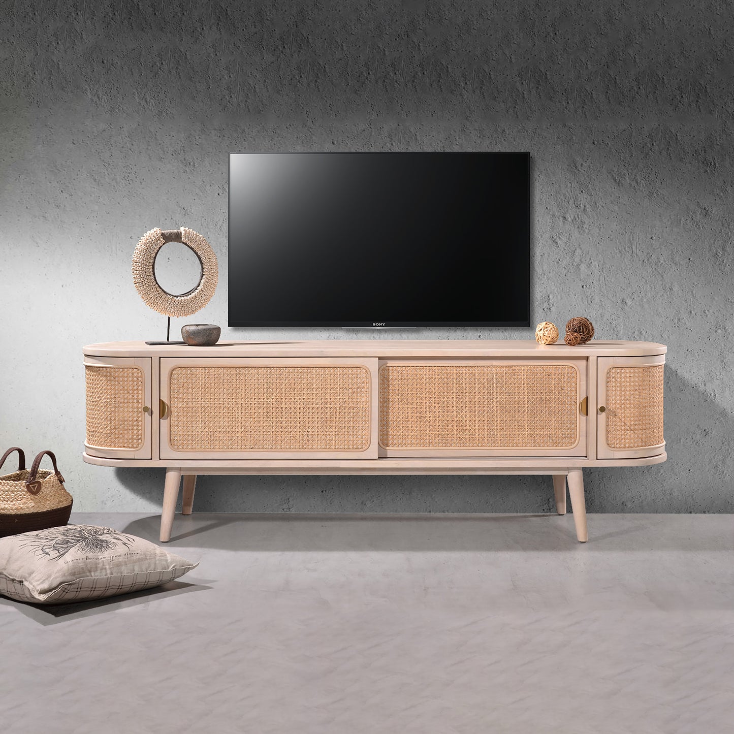 Criterion Jurien Entertainment Unit, TV Cabinet 1800mm Semi-Assembled, Solid Rubber Wood Construction Rattan and White Chocolate
