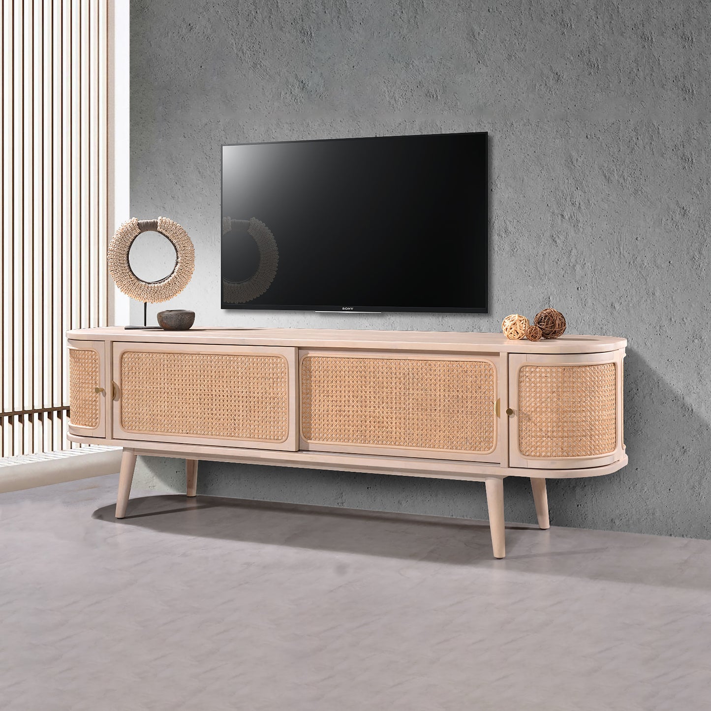 Criterion Jurien Entertainment Unit, TV Cabinet 1800mm Semi-Assembled, Solid Rubber Wood Construction Rattan and White Chocolate