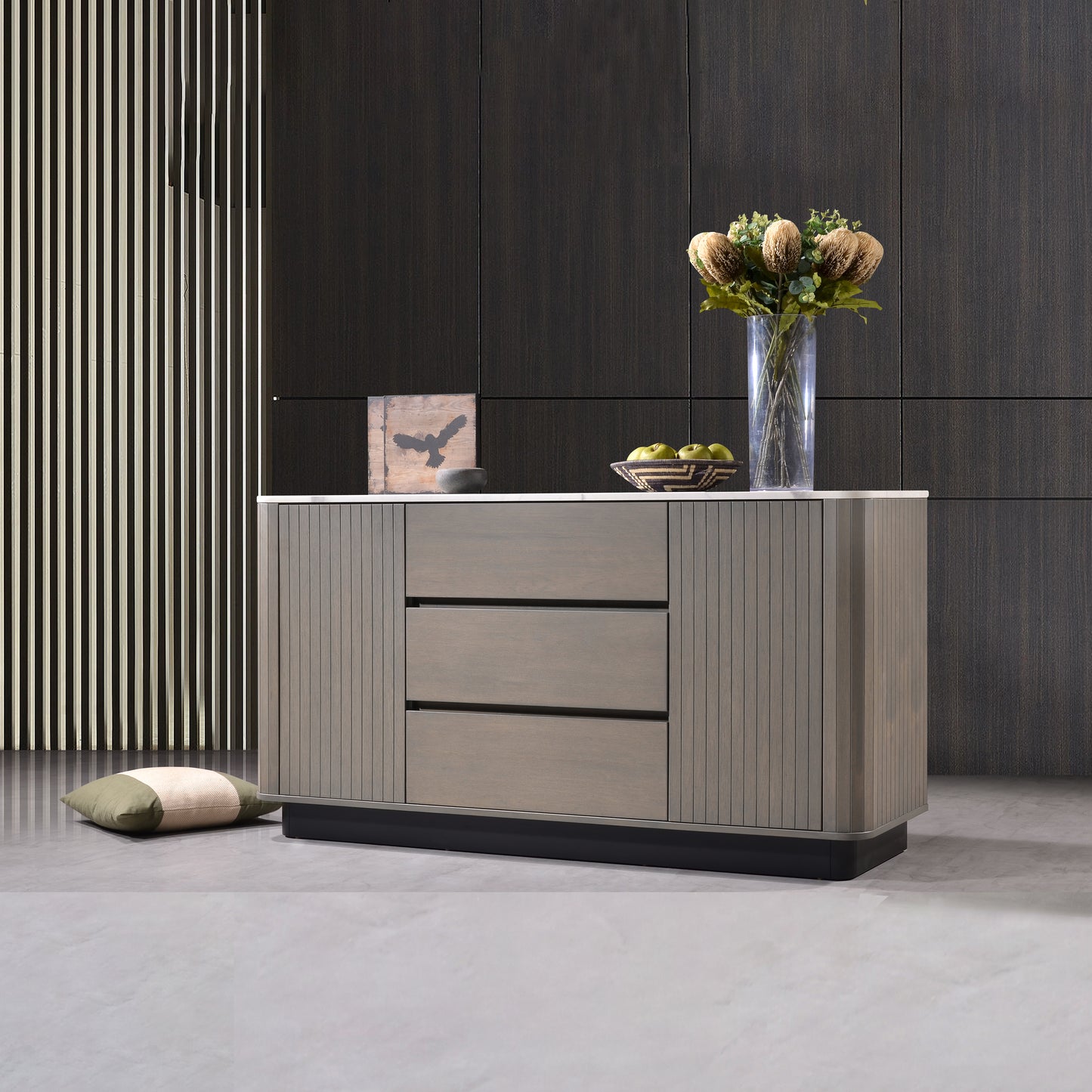 Criterion Eucla Buffet, Side Board 1600mm Semi-Assembled, 20mm Laminated Marble Top, Wood Plinth. KSK Slate Wood Veneer