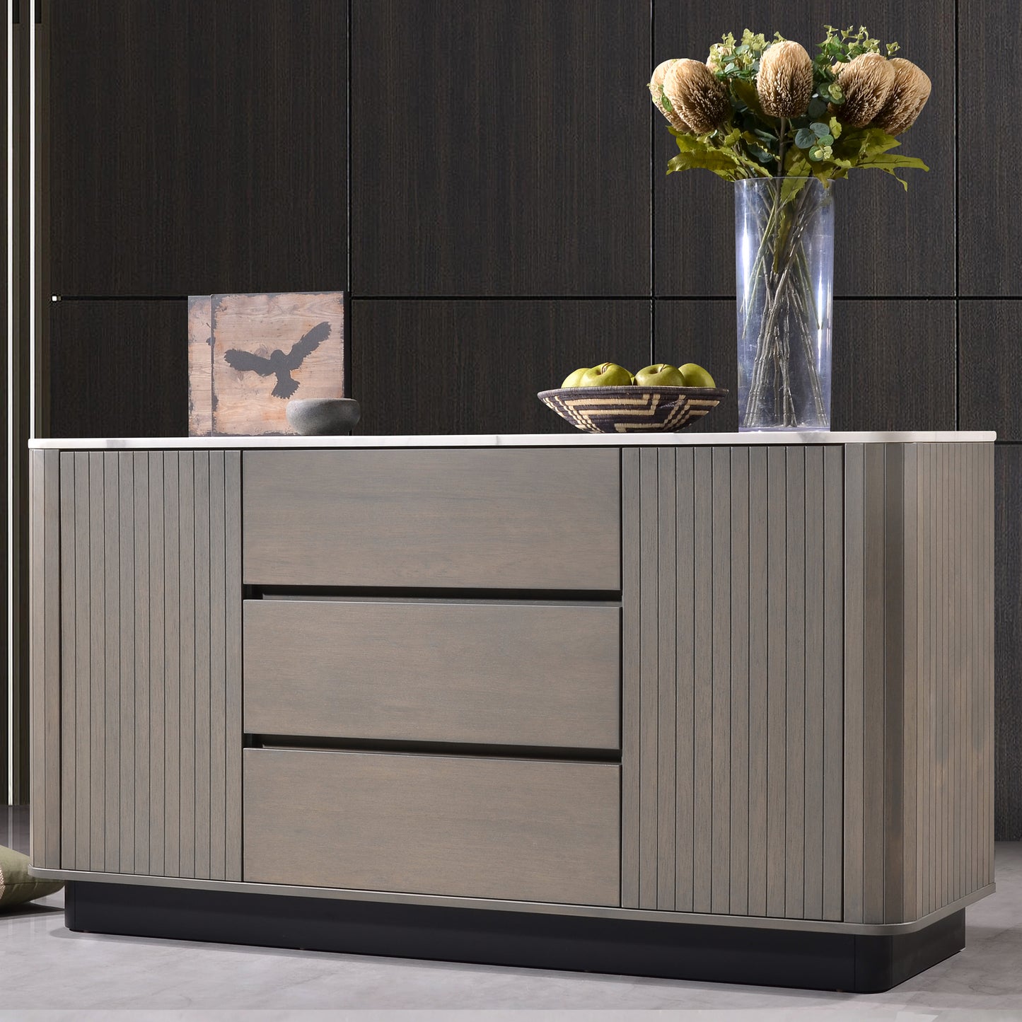 Criterion Eucla Buffet, Side Board 1600mm Semi-Assembled, 20mm Laminated Marble Top, Wood Plinth. KSK Slate Wood Veneer