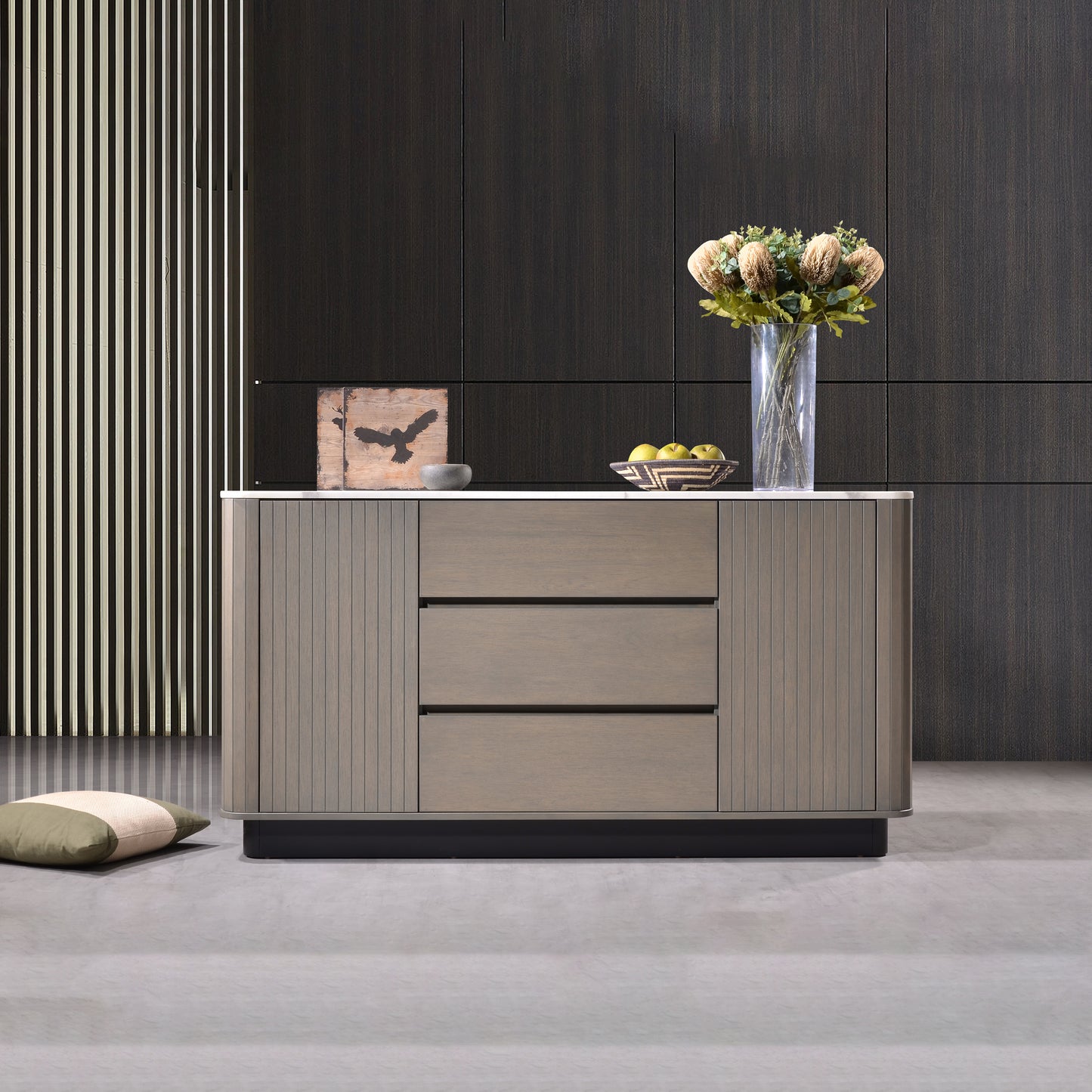 Criterion Eucla Buffet, Side Board 1600mm Semi-Assembled, 20mm Laminated Marble Top, Wood Plinth. KSK Slate Wood Veneer