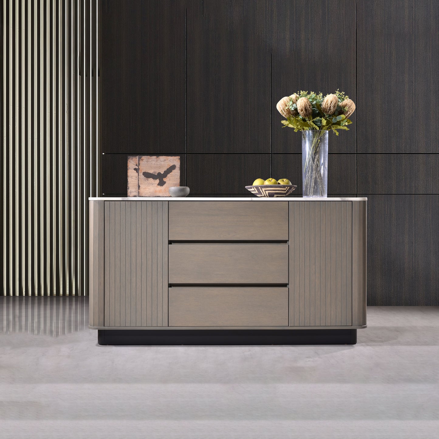 Criterion Eucla Buffet, Side Board 1600mm Semi-Assembled, 20mm Laminated Marble Top, Wood Plinth. KSK Slate Wood Veneer