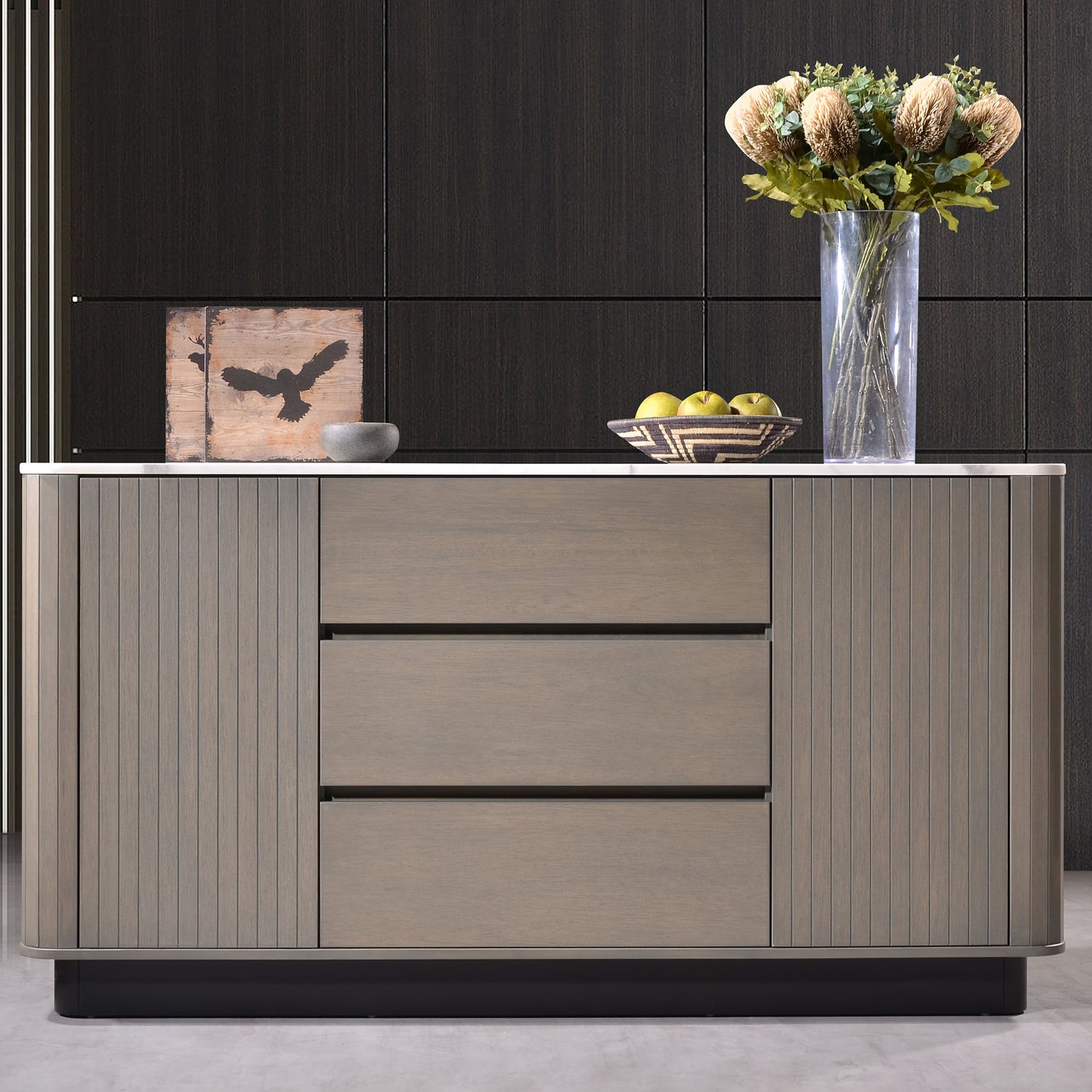 Criterion Eucla Buffet, Side Board 1600mm Semi-Assembled, 20mm Laminated Marble Top, Wood Plinth. KSK Slate Wood Veneer