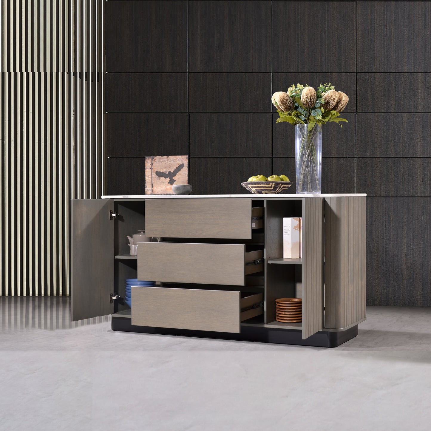 Criterion Eucla Buffet, Side Board 1600mm Semi-Assembled, 20mm Laminated Marble Top, Wood Plinth. KSK Slate Wood Veneer