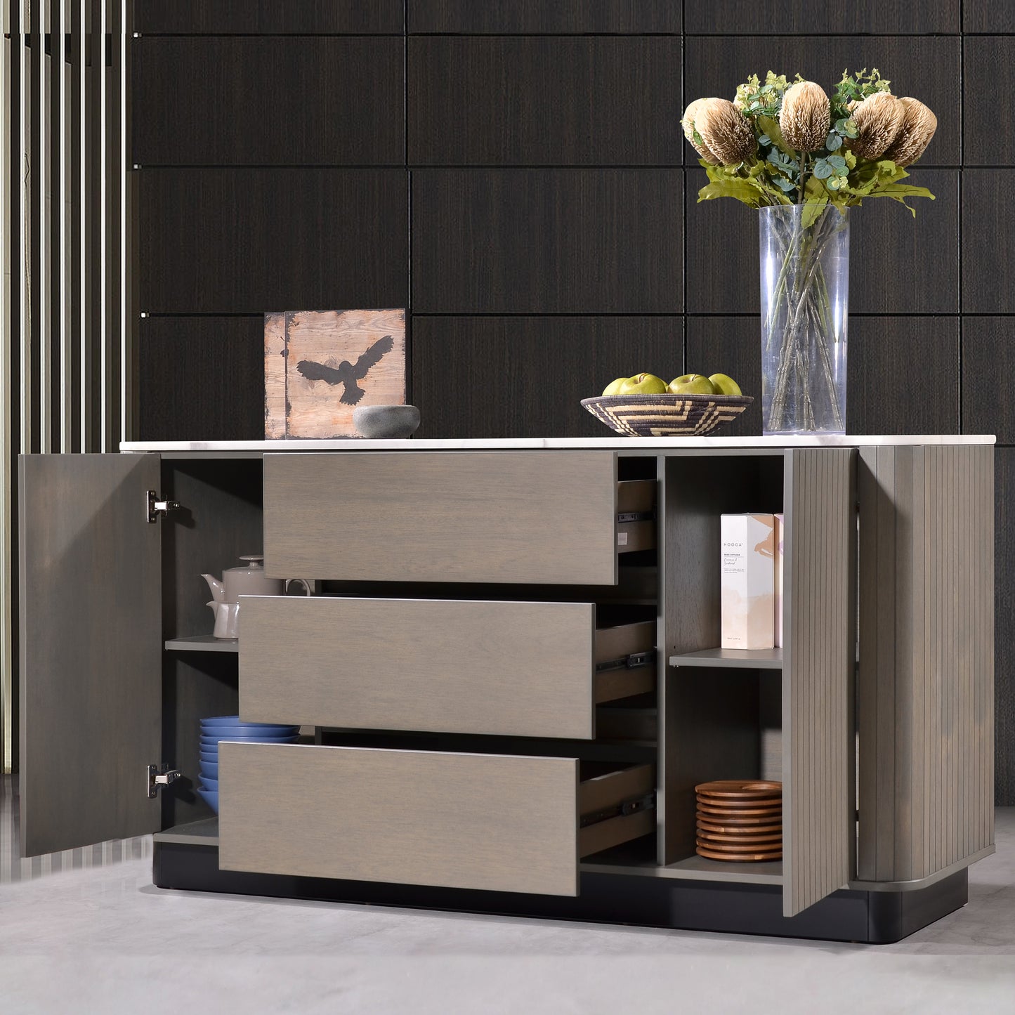 Criterion Eucla Buffet, Side Board 1600mm Semi-Assembled, 20mm Laminated Marble Top, Wood Plinth. KSK Slate Wood Veneer