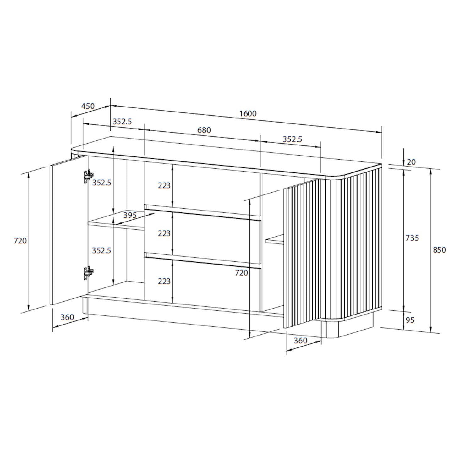 Criterion Eucla Buffet, Side Board 1600mm Semi-Assembled, 20mm Laminated Marble Top, Wood Plinth. KSK Slate Wood Veneer