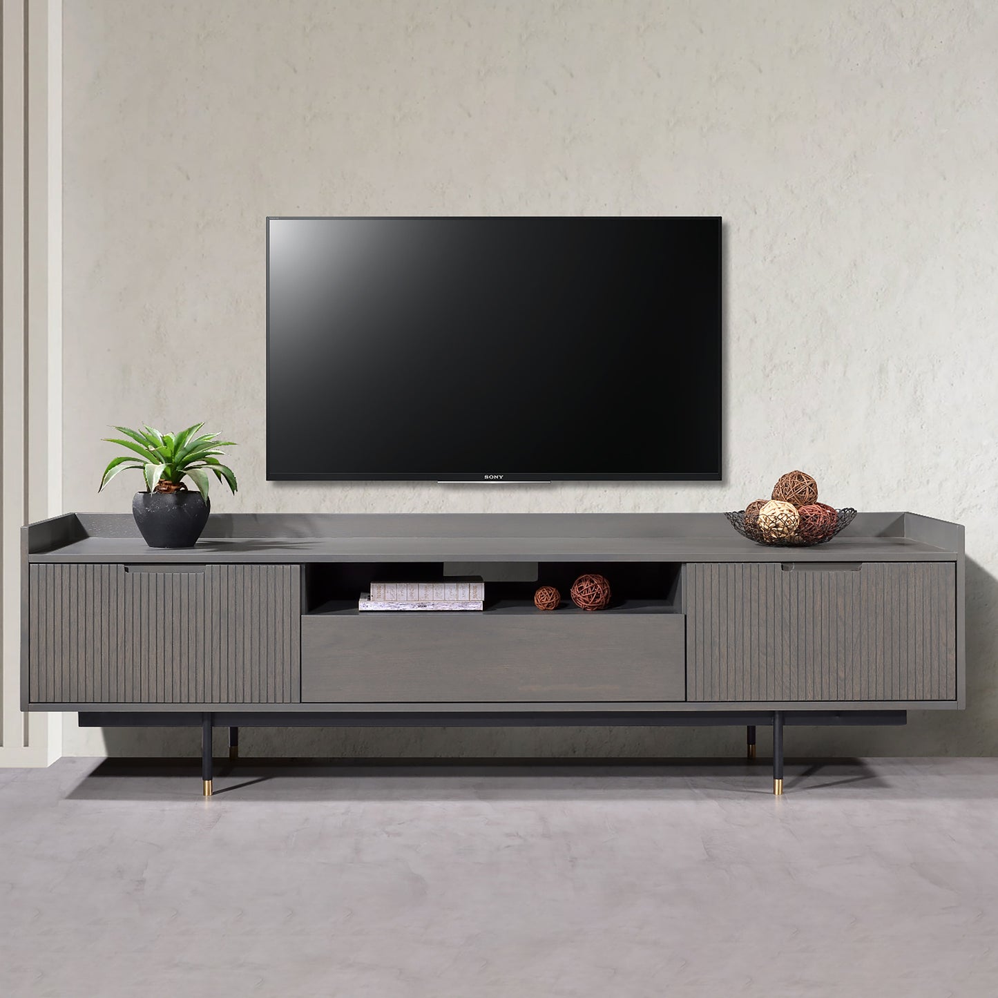 Criterion Bremer Entertainment Unit, TV Cabinet 1800mm Semi-Assembled, KSK Grey Wood Veneer