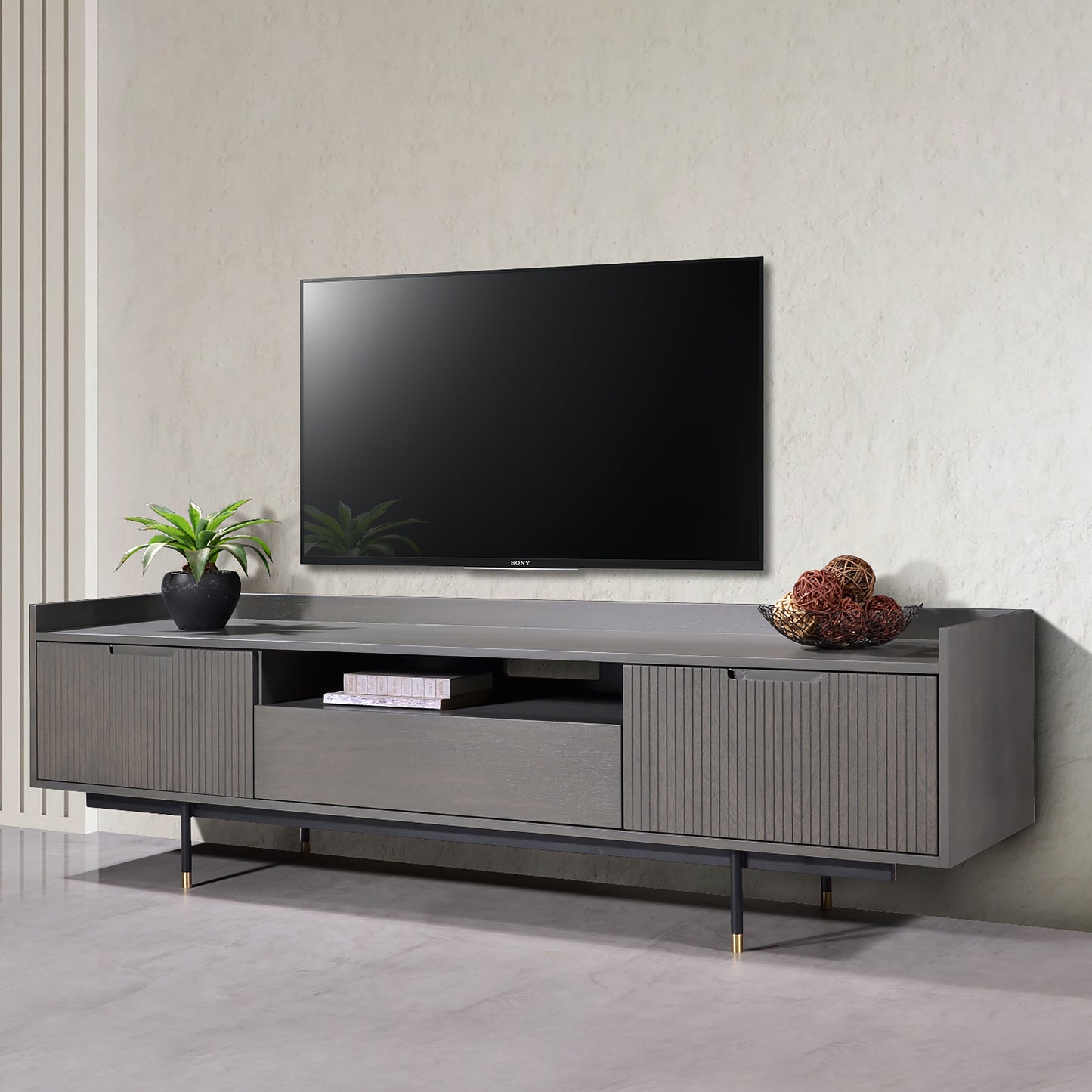 Criterion Bremer Entertainment Unit, TV Cabinet 1800mm Semi-Assembled, KSK Grey Wood Veneer