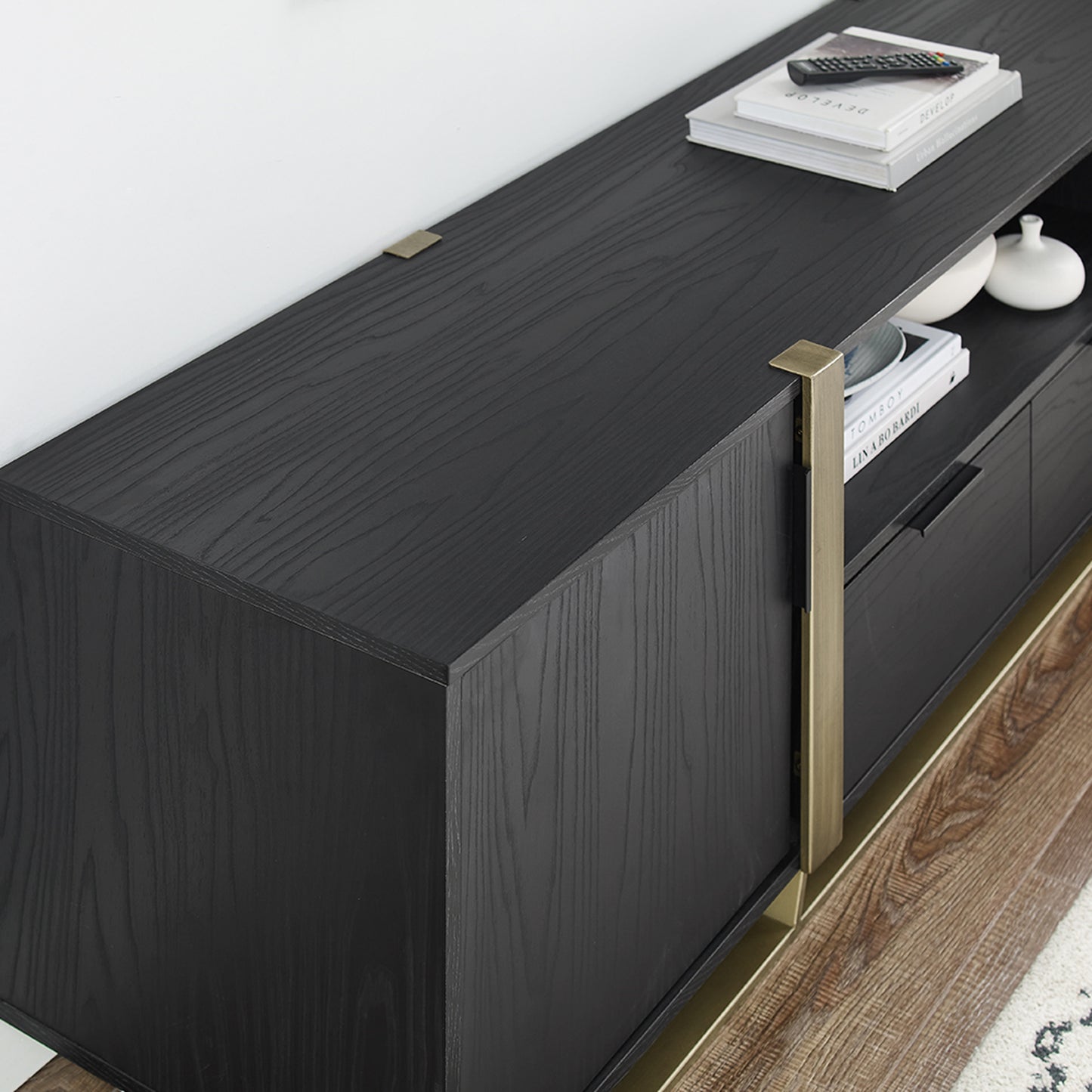 Criterion Capri Entertainment Center, TV Stand, Entertainment Unit 1800mm Stylish Gold Metal Frame and Highlights Black Oak