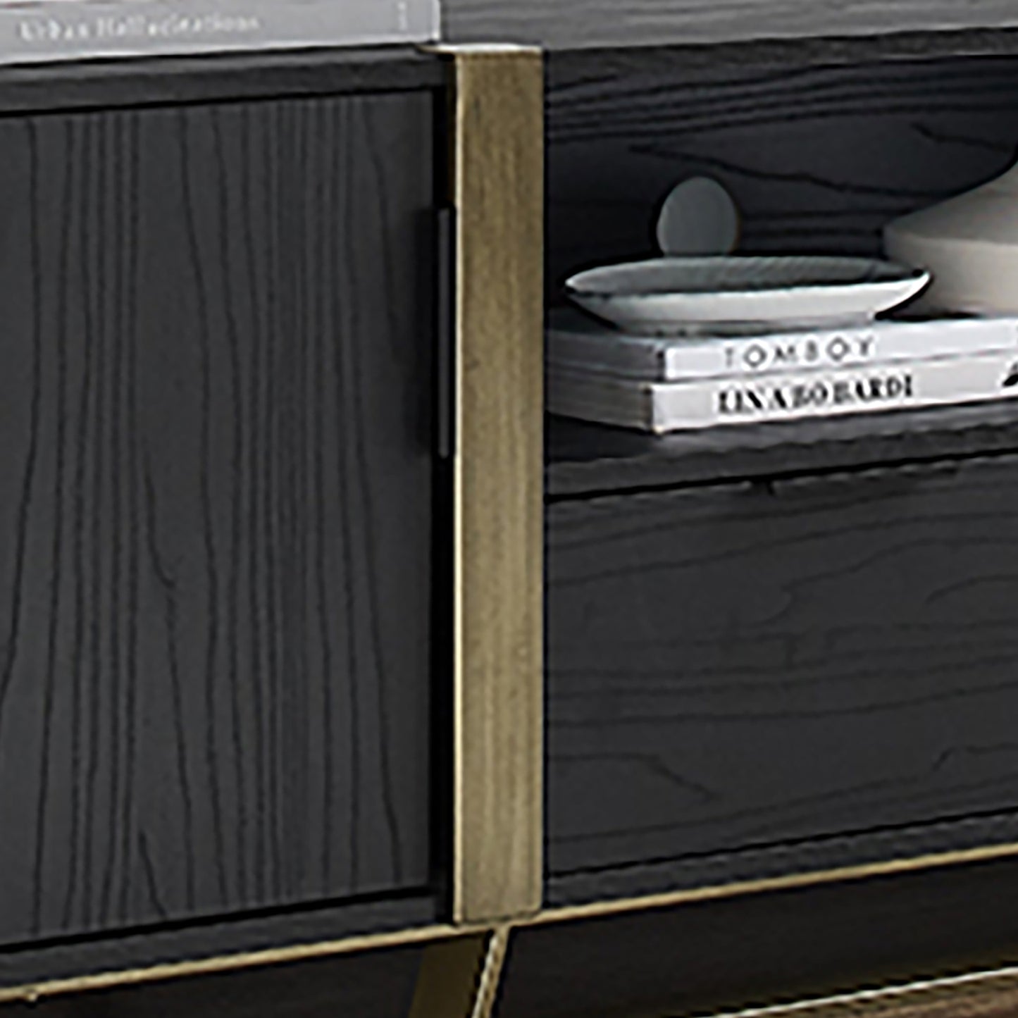 Criterion Capri Entertainment Center, TV Stand, Entertainment Unit 1800mm Stylish Gold Metal Frame and Highlights Black Oak