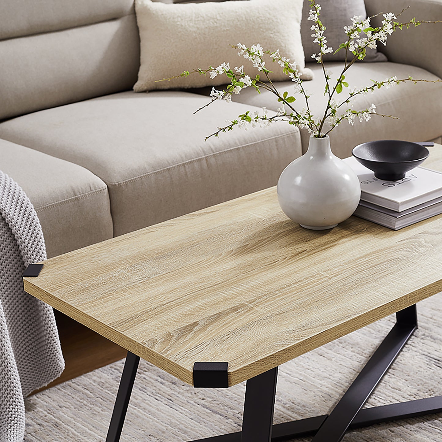 Criterion Capri Coffee Table 1100mm Rectangular Table, Black Metal Leg and Metal Highlights Oak