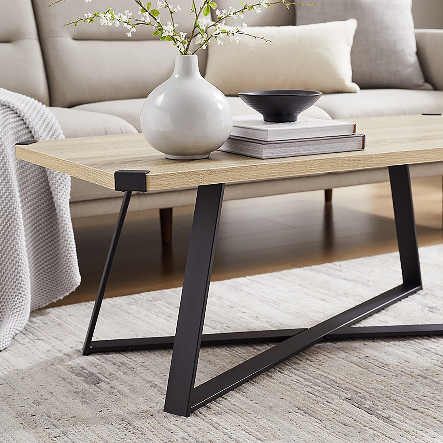 Criterion Capri Coffee Table 1100mm Rectangular Table, Black Metal Leg and Metal Highlights Oak
