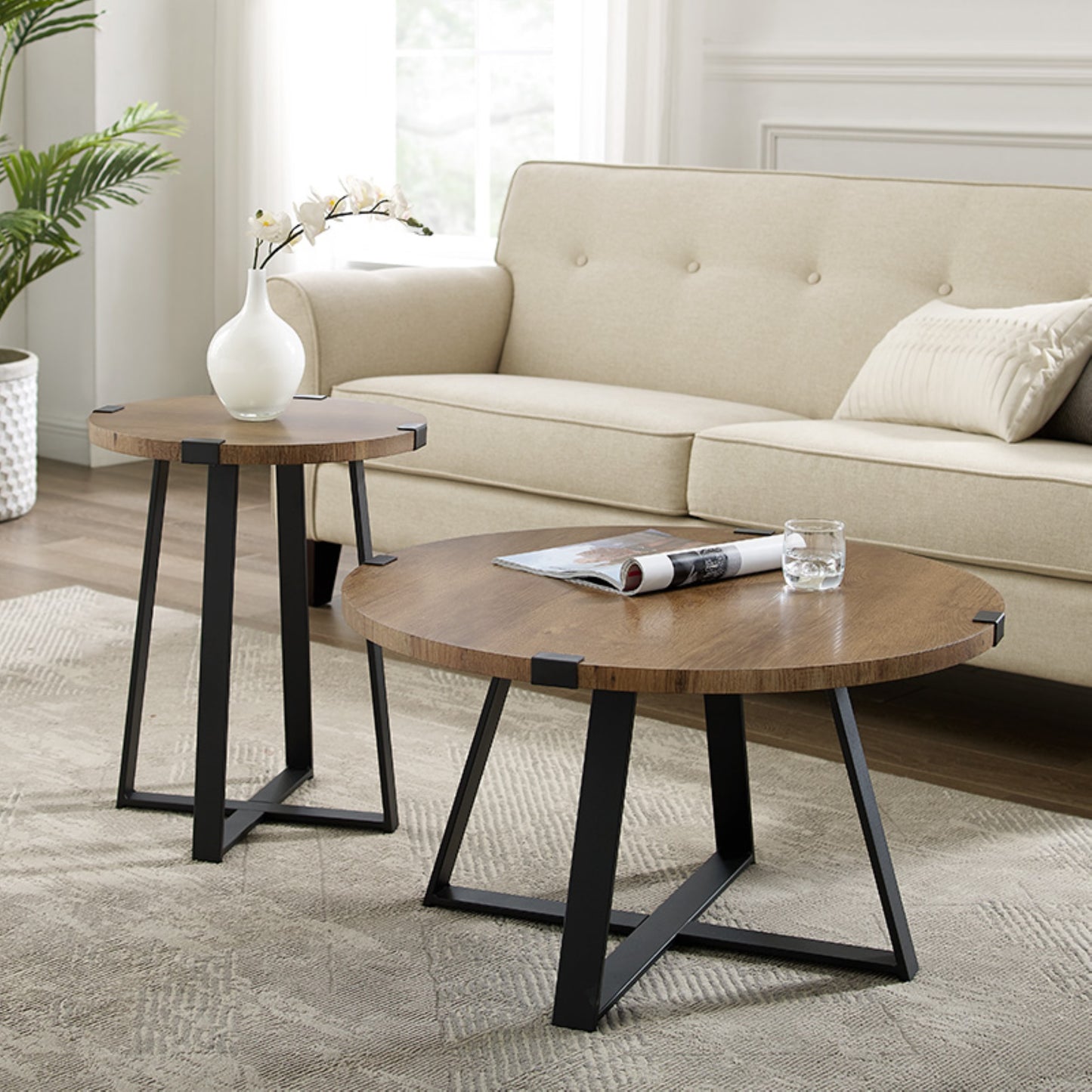 Criterion Capri Coffee Tables 770mm Round Table, Black Metal Leg and Metal Highlights Dark Oak