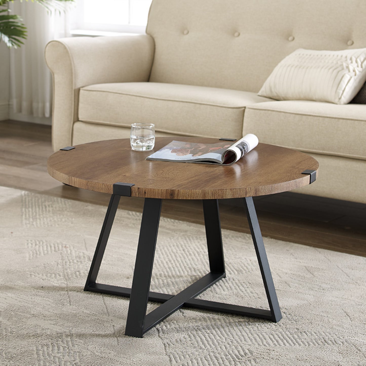 Criterion Capri Coffee Tables 770mm Round Table, Black Metal Leg and Metal Highlights Dark Oak