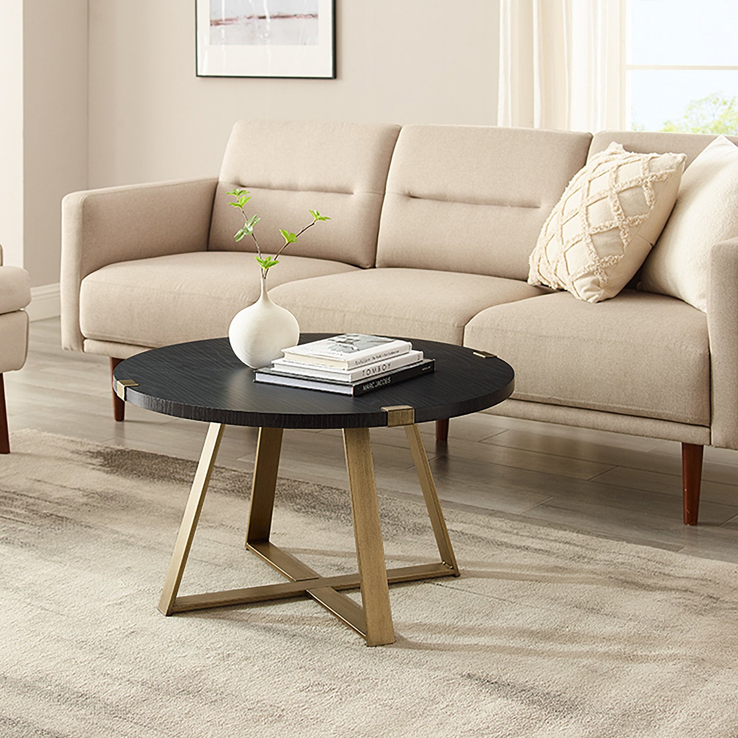Criterion Capri Coffee Tables 770mm Round Table, Gold Metal Leg and Metal Highlights Black Oak