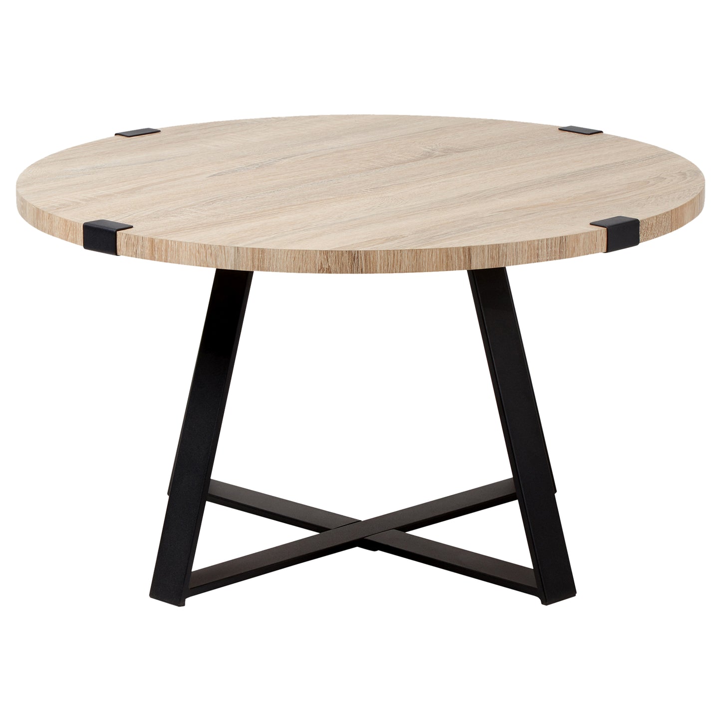 Criterion Capri Coffee Tables 770mm Round Table, Black Metal Leg and Metal Highlights Oak