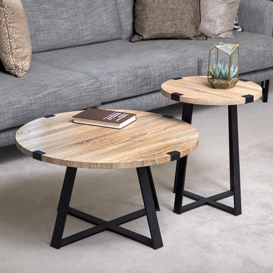 Criterion Capri Coffee Tables 770mm Round Table, Black Metal Leg and Metal Highlights Oak