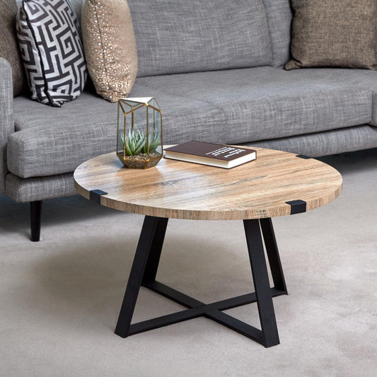 Criterion Capri Coffee Tables 770mm Round Table, Black Metal Leg and Metal Highlights Oak