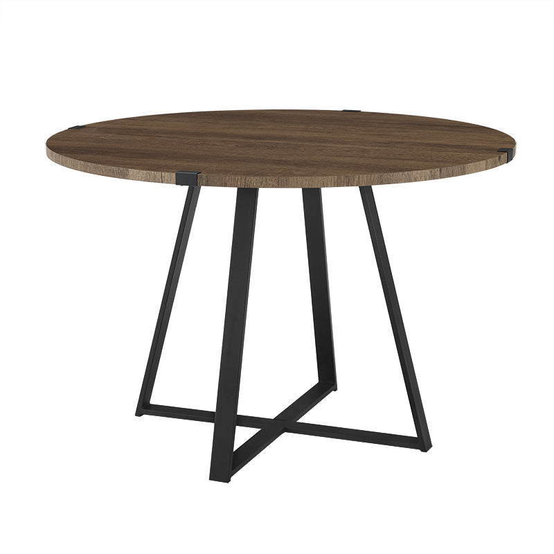 Criterion Capri Dining Table 1150mm Round Table, Black Metal Leg and Metal Highlights Dark Oak