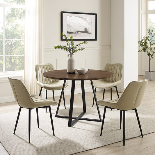 Criterion Capri Dining Table 1150mm Round Table, Black Metal Leg and Metal Highlights Dark Oak