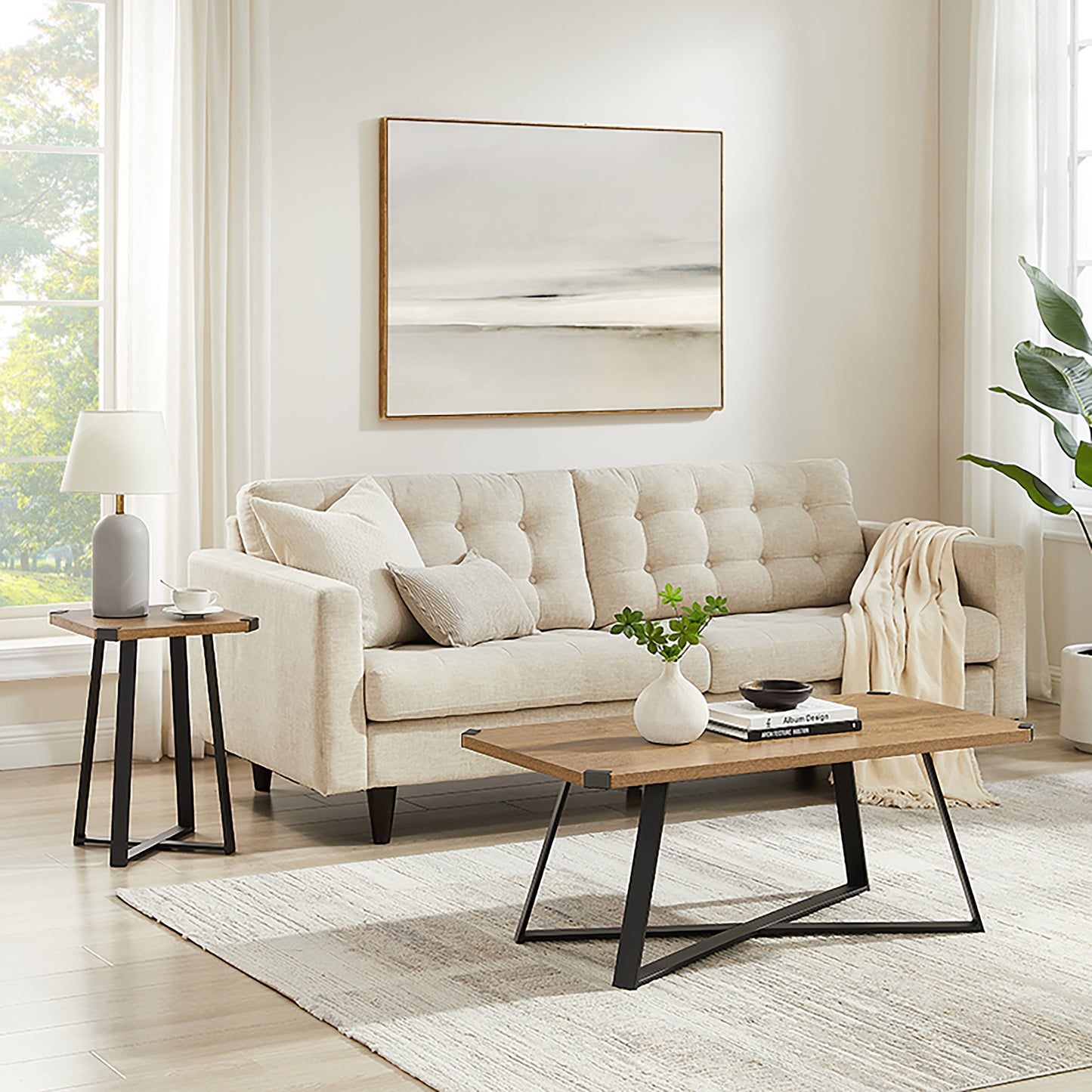 Criterion Capri Side Table 400mm Square Table, Black Metal Leg and Metal Highlights Dark Oak