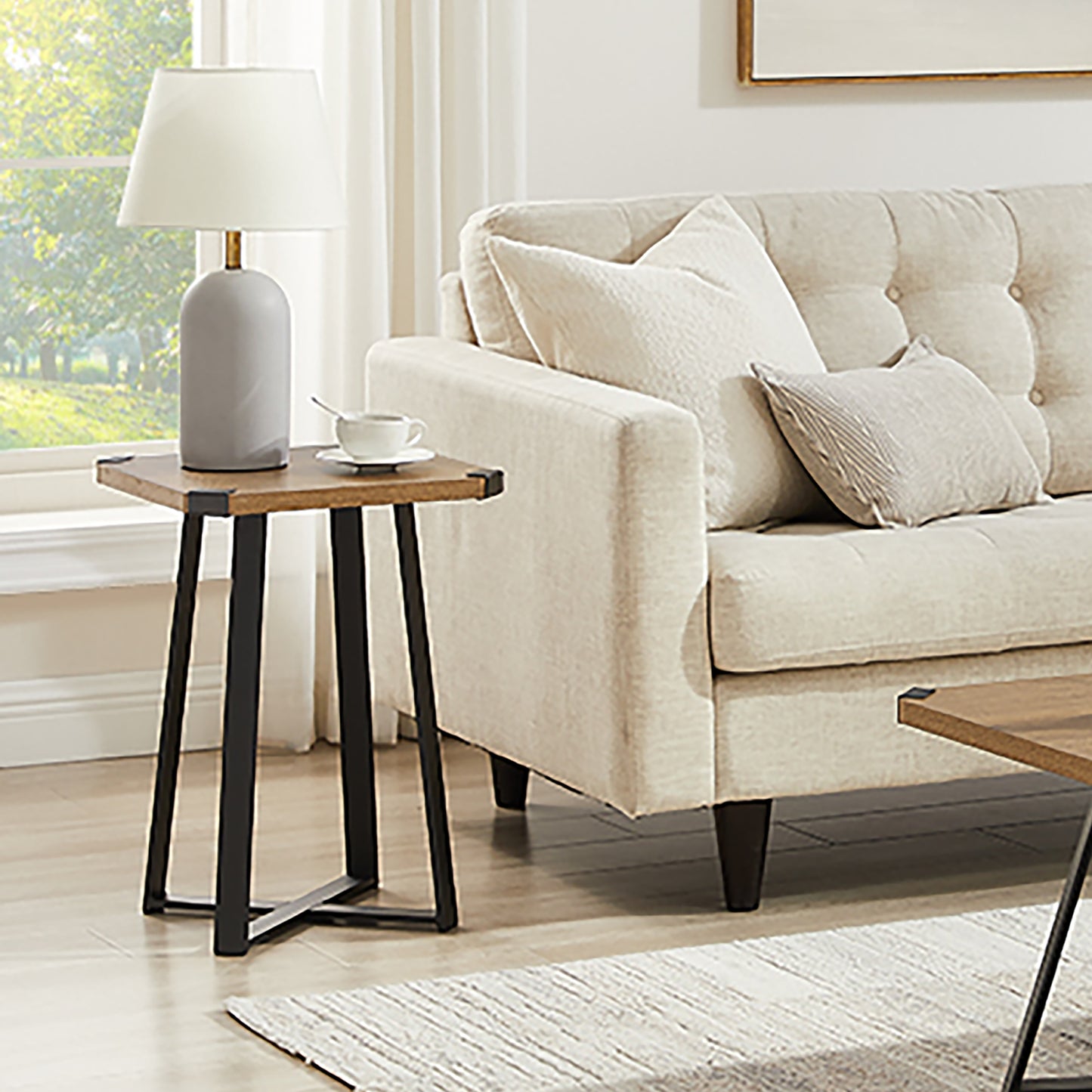 Criterion Capri Side Table 400mm Square Table, Black Metal Leg and Metal Highlights Dark Oak