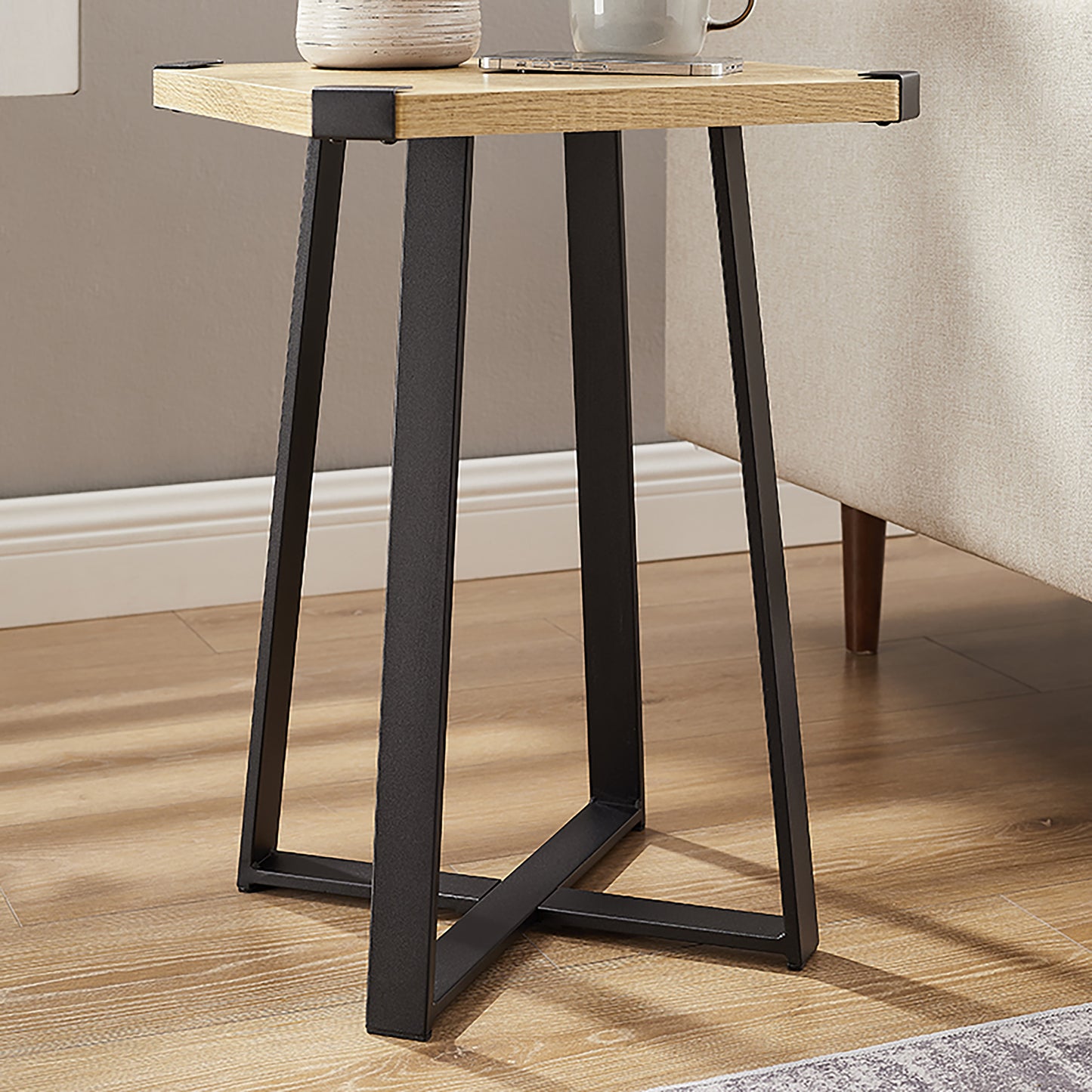 Criterion Capri Side Table 400mm Square Table, Black Metal Leg and Metal Highlights Oak