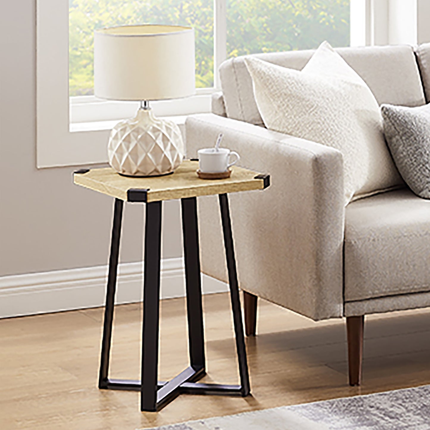 Criterion Capri Side Table 400mm Square Table, Black Metal Leg and Metal Highlights Oak