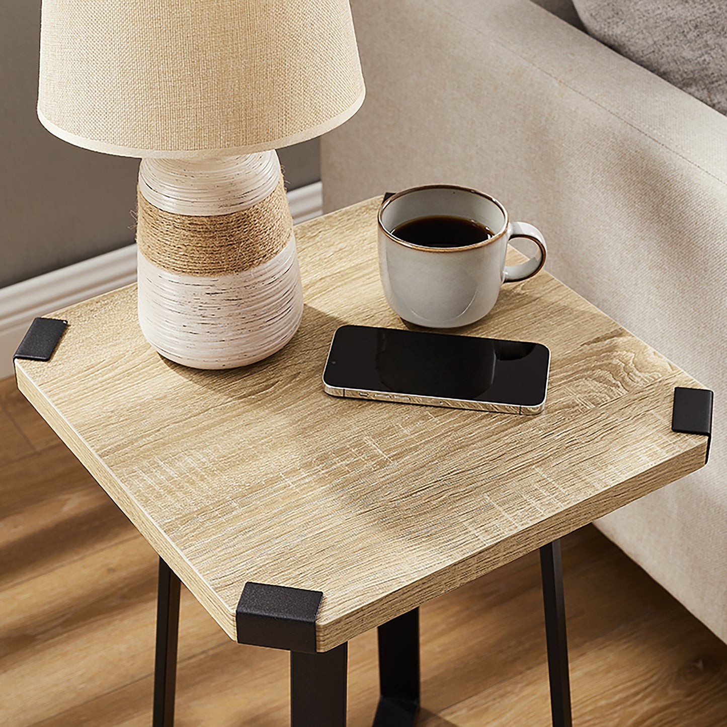Criterion Capri Side Table 400mm Square Table, Black Metal Leg and Metal Highlights Oak