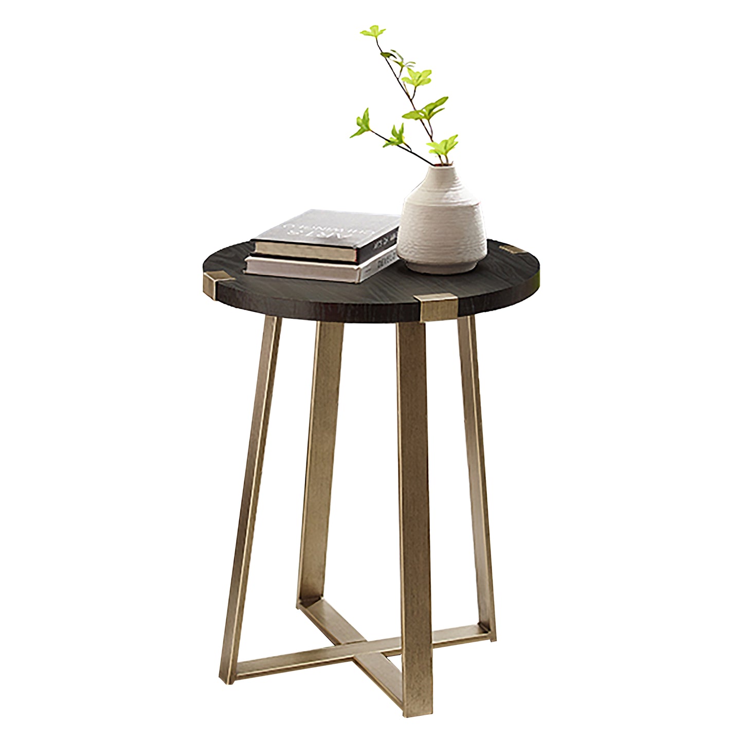 Criterion Capri End Table 445mm Round Table, Gold Metal Leg and Metal Highlights Black Oak