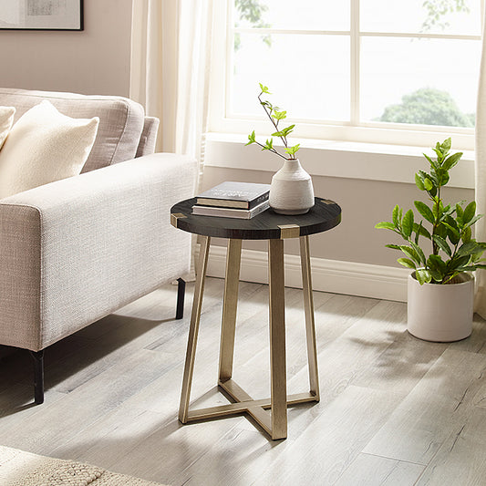 Criterion Capri End Table 445mm Round Table, Gold Metal Leg and Metal Highlights Black Oak