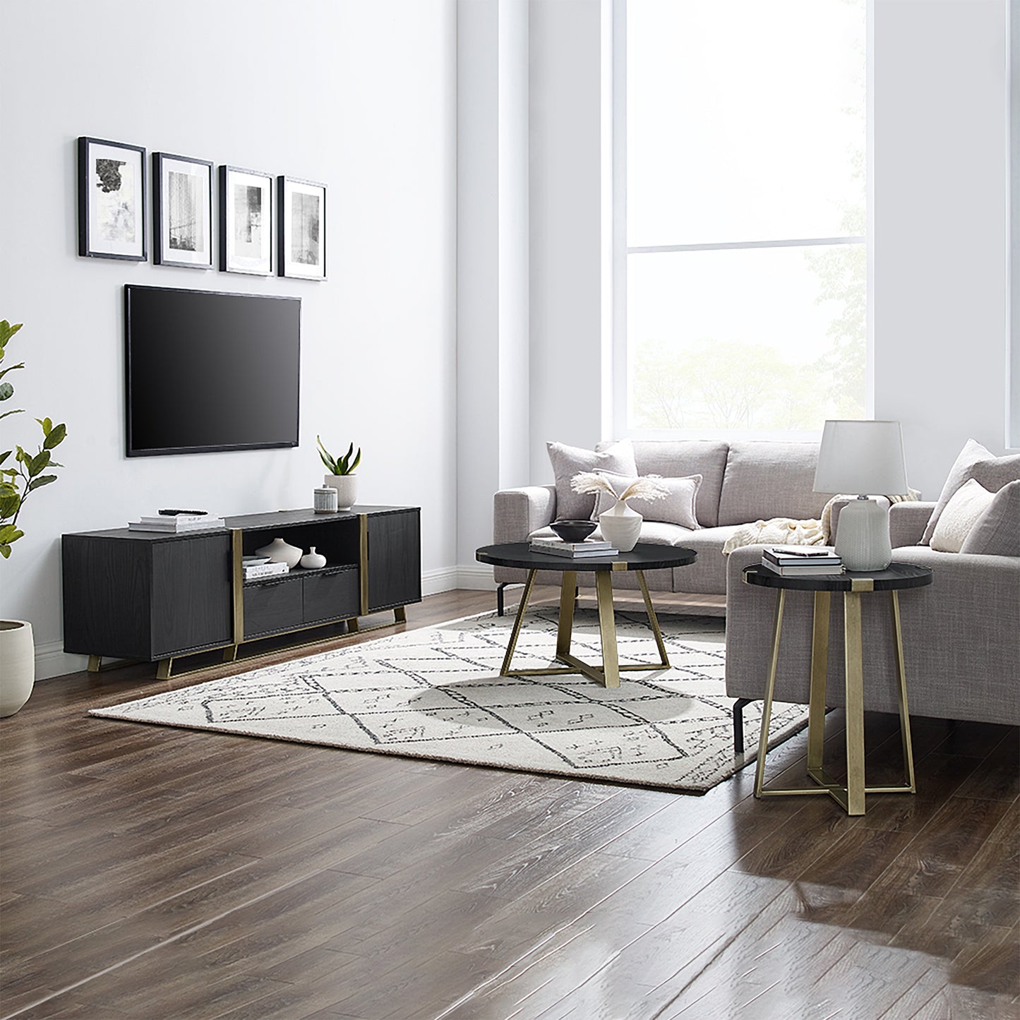 Criterion Capri End Table 445mm Round Table, Gold Metal Leg and Metal Highlights Black Oak