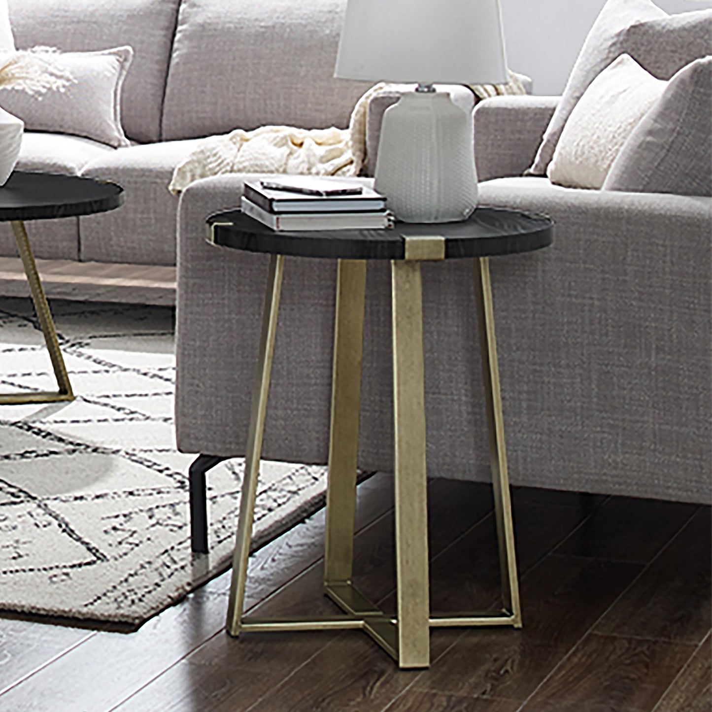 Criterion Capri End Table 445mm Round Table, Gold Metal Leg and Metal Highlights Black Oak