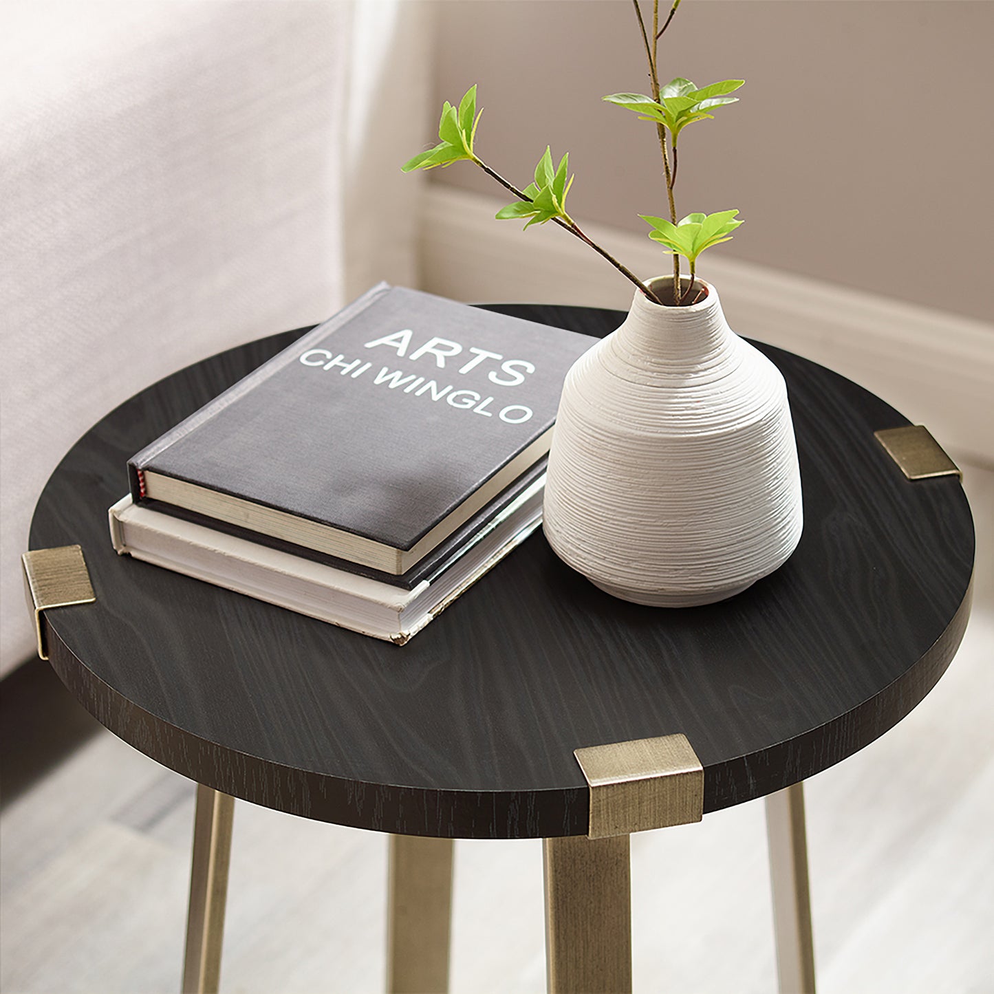 Criterion Capri End Table 445mm Round Table, Gold Metal Leg and Metal Highlights Black Oak