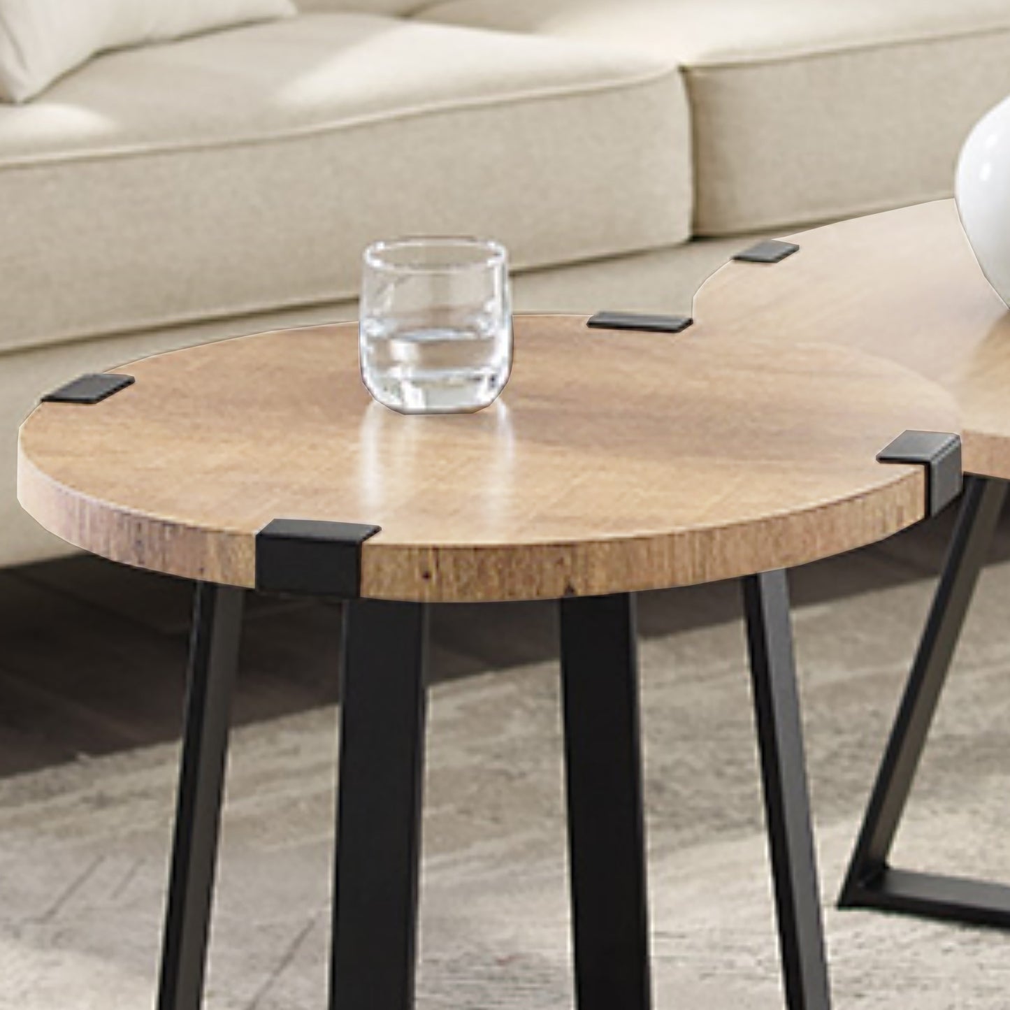 Criterion Capri End Table 445mm Round Table, Black Metal Leg and Metal Highlights Oak