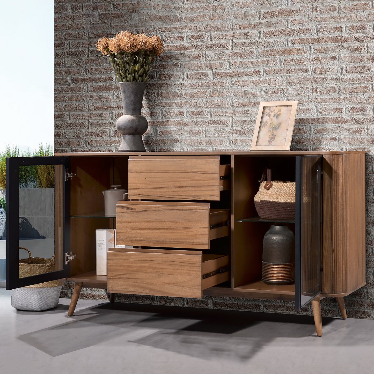 Criterion Denham Buffet, Side Board 1600mm Semi-Assembled, Solid Rubber Wood Legs Light Walnut Wood Veneer