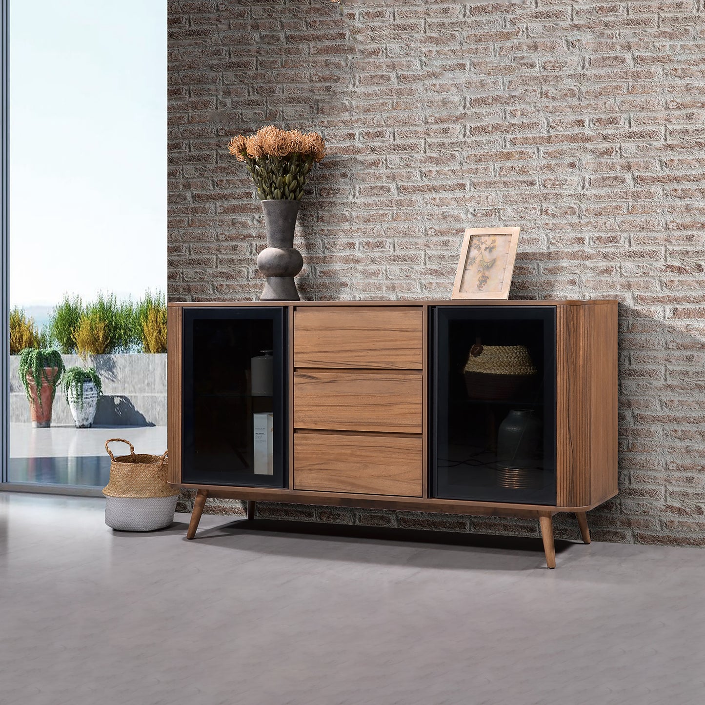 Criterion Denham Buffet, Side Board 1600mm Semi-Assembled, Solid Rubber Wood Legs Light Walnut Wood Veneer