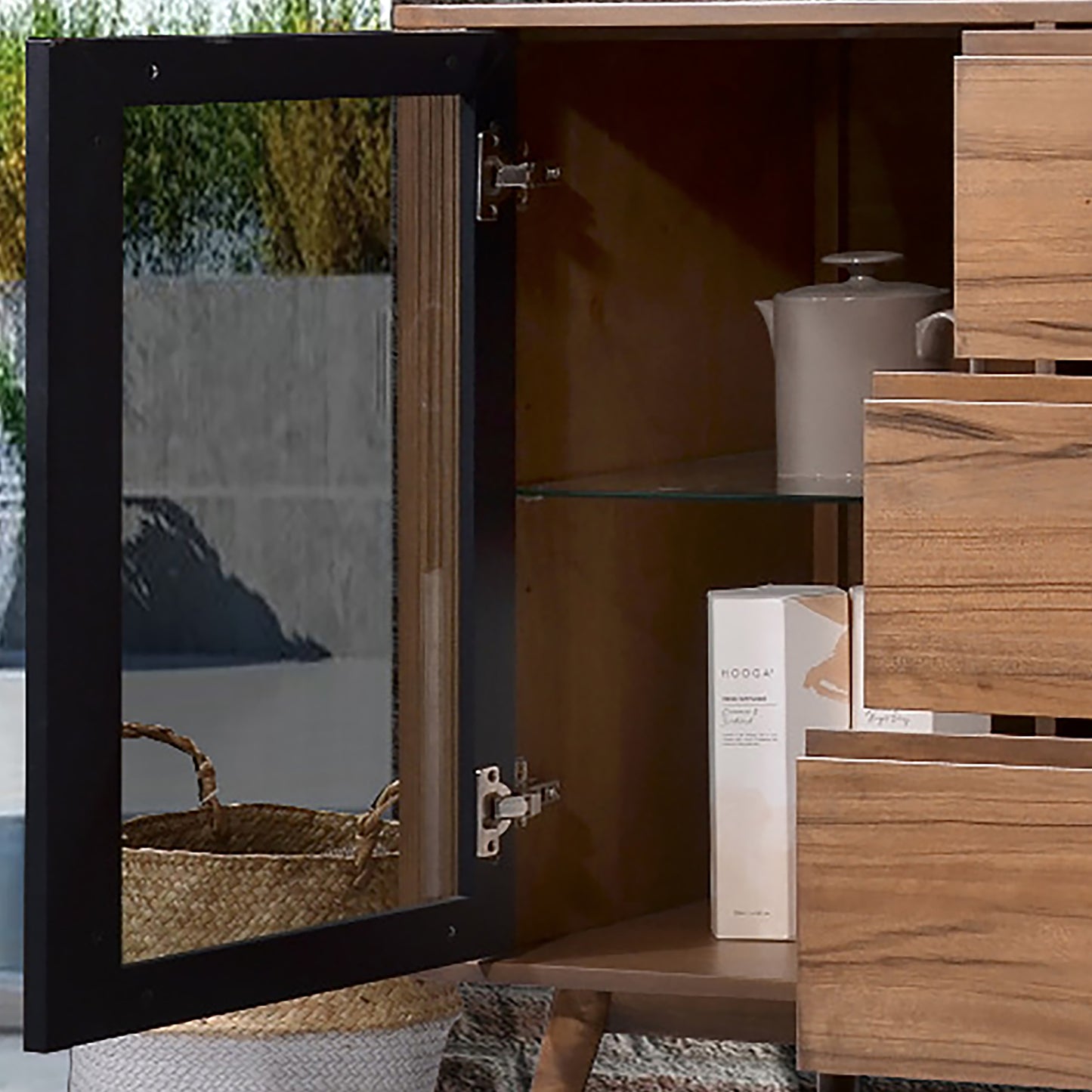 Criterion Denham Buffet, Side Board 1600mm Semi-Assembled, Solid Rubber Wood Legs Light Walnut Wood Veneer