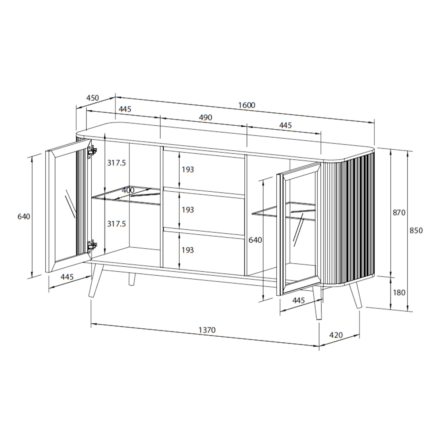 Criterion Denham Buffet, Side Board 1600mm Semi-Assembled, Solid Rubber Wood Legs Light Walnut Wood Veneer